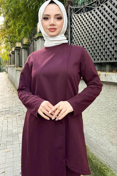 Kruvaze Bisiklet Yaka Sade Basic Tunik Panolon İkili Takım - 03076-1.020 - Mürdüm - Resim 3