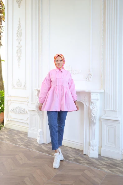 Kolları Lastikli Belden Büzgülü Bağcık Düğmeli Gömlek - (38-46) - 71302 - Pembe - Resim 2