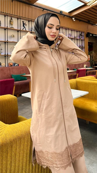Fermuarlı Kapşonlu Dantel Desenli Tunik Pantolon İkili Spor Takım - (38-46) - 71158 - Bej - Resim 5