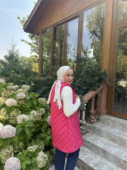 Despina Kapitone Fermuarlı Çıtçıtlı Kolsuz Yelek - (38-46) - 71150 - Fuşya - 2