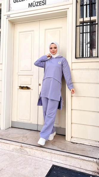 Kapşonlu Yırtmacı Bağcık Detaylı Pamuklu Tesettür Eşofman Takımı - (38-46) - 71168 - Lila - Resim 9