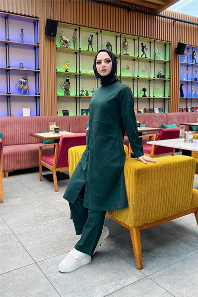 Önden İki Cepli Sade Basic Uzun Tunik Pantolon İkili Spor Takımı - 03067-1.021 - Nefti - Resim 6