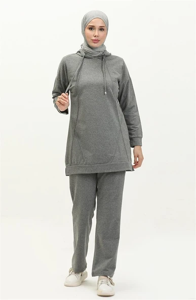 Kapşonlu O Yaka Sade Basic İkili Eşofman Spor Takımı - 03039-1.017 - Antrasit ürün görseli