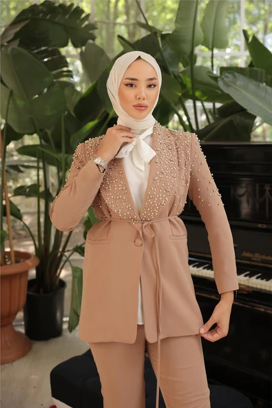 Belden Bağlamalı İncili Ceket Takımı - (38-46) - 71193 - Bej - Resim 4