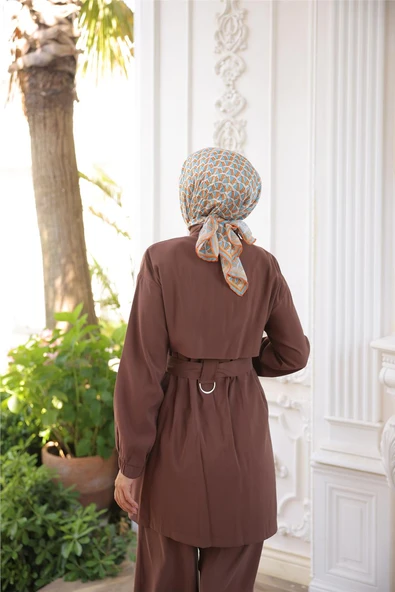 Balıkçı Yaka Belden Bağcıklı Fermuarlı İkili Tesettür Eşofman Takımı - (38-46) - 71301 - Kahverengi - Resim 8