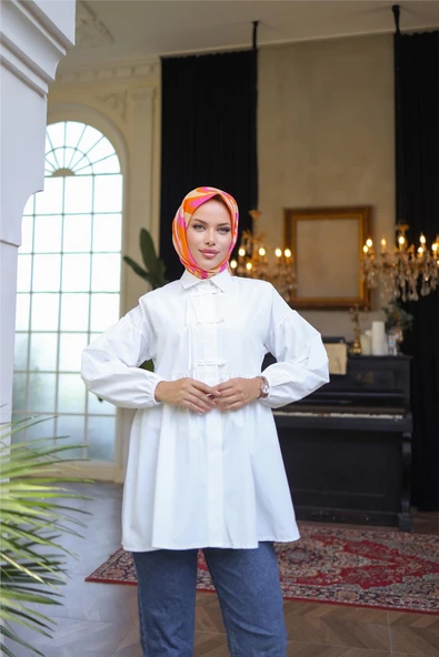 Kolları Lastikli Belden Büzgülü Bağcık Düğmeli Gömlek - (38-46) - 71302 - Ekru - Resim 5