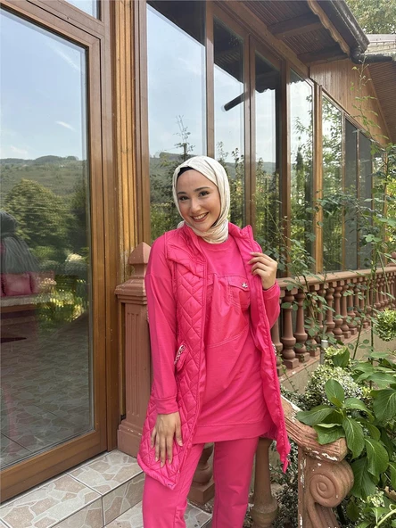 Dafne Cepli Eşofman Kolsuz Yelek Beli Lastikli Pantolon Üçlü Takım - (38-46) - 71149 - Fuşya - 3