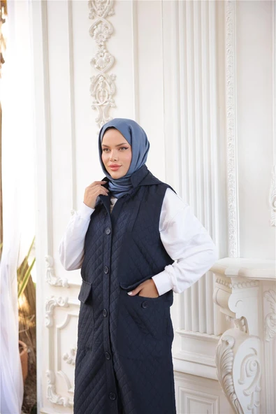 Kapşonlu Düğmeli Kolsuz Cepli Kapitone Uzun Yelek - (38-46) - 71308 - Lacivert - 3