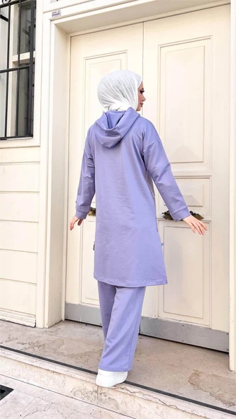 Kapşonlu Yırtmacı Bağcık Detaylı Pamuklu Tesettür Eşofman Takımı - (38-46) - 71168 - Lila - Resim 2