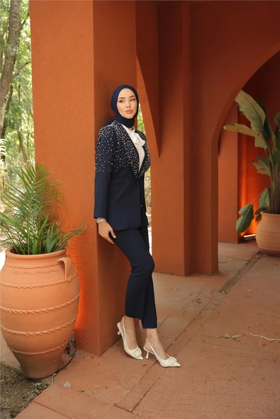 Belden Bağlamalı İncili Ceket Takımı - (38-46) - 71193 - Lacivert - Resim 2