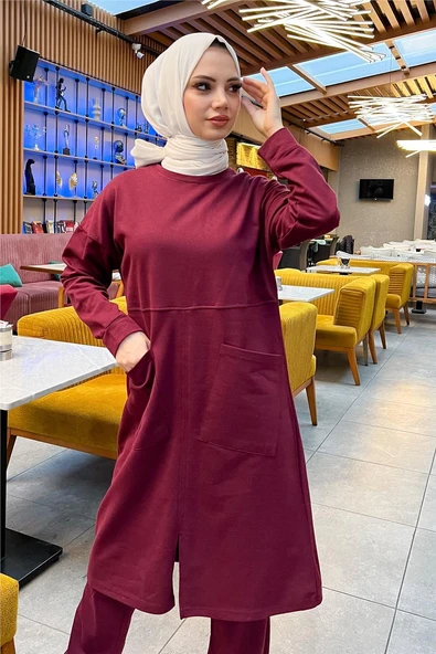 Önden İki Cepli Sade Basic Uzun Tunik Pantolon İkili Spor Takımı - 03067-1.009 - Bordo - Resim 9