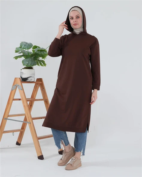 Atlas Kapşonlu Uzun Sade Basic Sweatshirt - 03007-1.020 - Mürdüm - 7