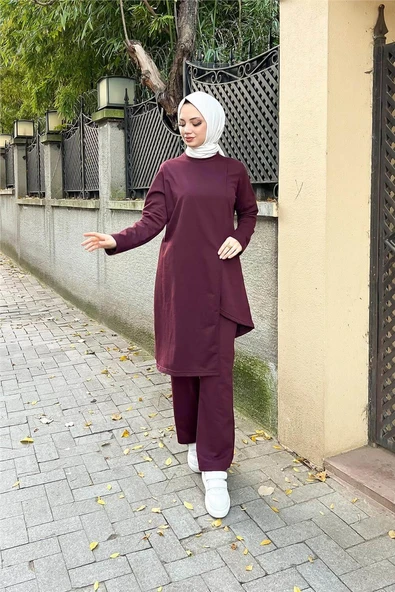Kruvaze Bisiklet Yaka Sade Basic Tunik Panolon İkili Takım - 03076-1.020 - Mürdüm - Resim 9