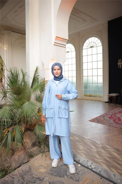 Kapşonlu Fermuarlı Çift Cepli Kap İkili Tesettür Eşofman Takımı - (38-46) - 71305 - İndigo ürün görseli