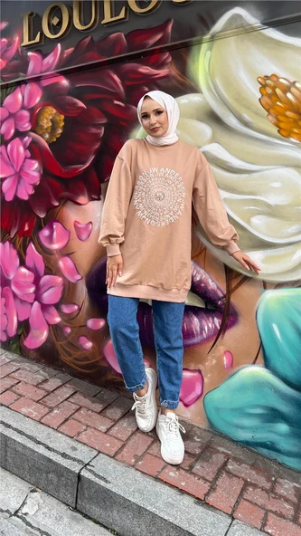 Papatya Taş Detaylı Nakış Baskılı Sweatshirt - (38-46) - 71143 - Bej - Resim 4