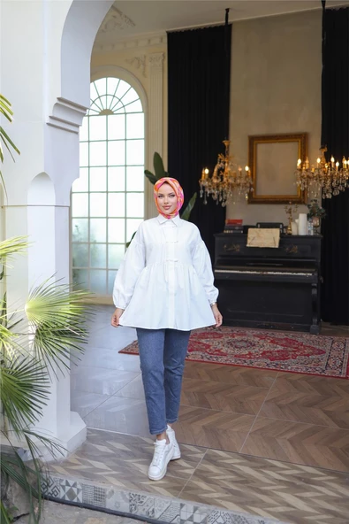 Kolları Lastikli Belden Büzgülü Bağcık Düğmeli Gömlek - (38-46) - 71302 - Ekru - Resim 2