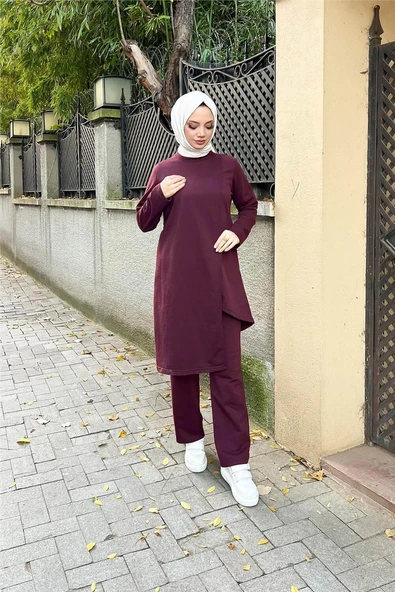 Kruvaze Bisiklet Yaka Sade Basic Tunik Panolon İkili Takım - 03076-1.020 - Mürdüm - Resim 7