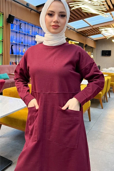 Önden İki Cepli Sade Basic Uzun Tunik Pantolon İkili Spor Takımı - 03067-1.009 - Bordo - Resim 10