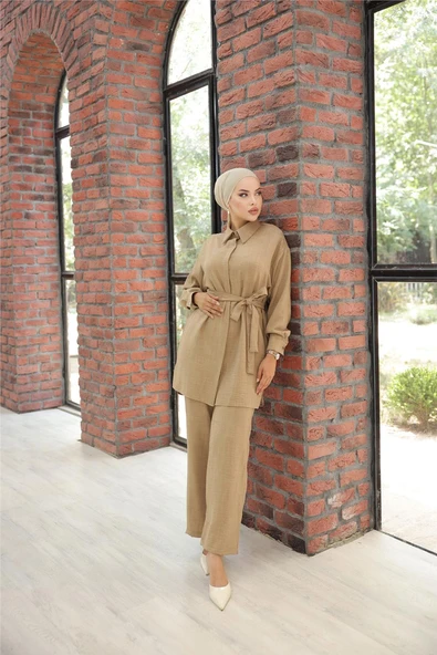 Gömlek Yaka Kuşak Detaylı İkili Takım - (38-46) - 71199 - Vizon - Resim 4