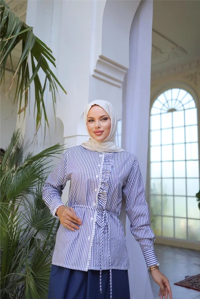 Belden Bağcıklı Fırfır Detalı Gömlek - Etek Takımı - (38-46) - 71303 - Lacivert - Resim 3