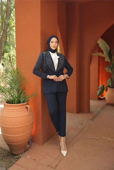 Belden Bağlamalı İncili Ceket Takımı - (38-46) - 71193 - Lacivert - Resim 3