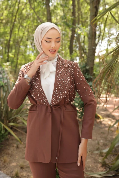 Belden Bağlamalı İncili Ceket Takımı - (38-46) - 71193 - Kahverengi - Resim 6