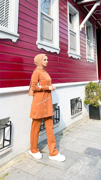 Koldan Bağcıklı Şeritli Çıtçıtlı İkili Tesettür Eşofman Takımı - (38-46) - 71180 - Hardal - Resim 9
