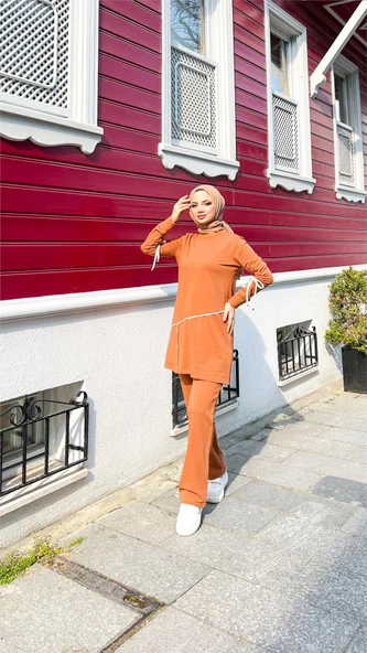 Koldan Bağcıklı Şeritli Çıtçıtlı İkili Tesettür Eşofman Takımı - (38-46) - 71180 - Hardal - Resim 3