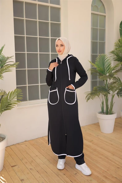 Kapşonlu Fermuarlı Cepli Uzun İkili Tesettür Eşofman Takımı - (38-46) - 71189 - Lacivert - Resim 2