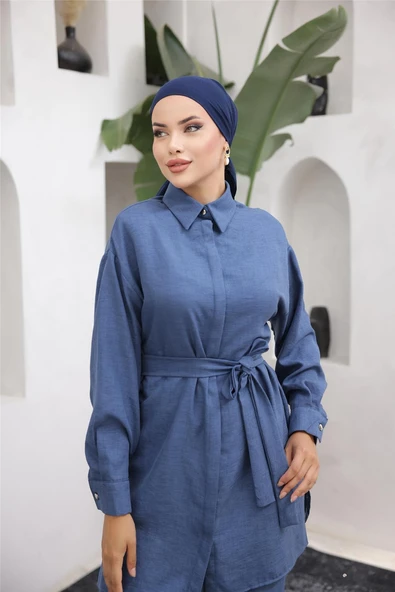 Gömlek Yaka Kuşak Detaylı İkili Takım - (38-46) - 71199 - Lacivert - Resim 3