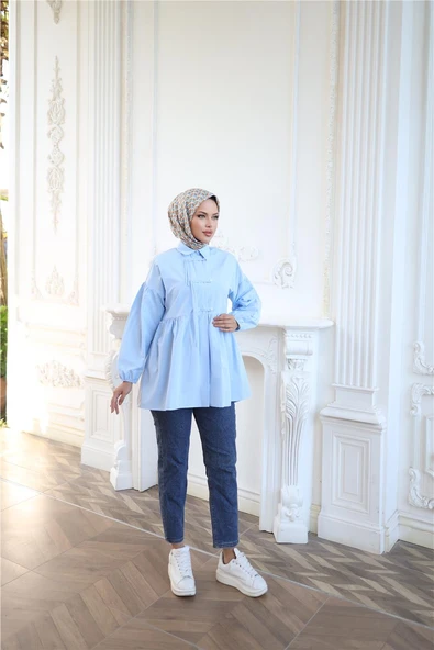 Kolları Lastikli Belden Büzgülü Bağcık Düğmeli Gömlek - (38-46) - 71302 - Mavi - Resim 3