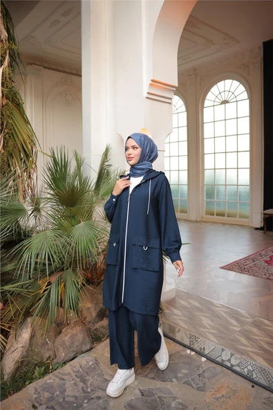 Kapşonlu Fermuarlı Çift Cepli Kap İkili Tesettür Eşofman Takımı - (38-46) - 71305 - Lacivert - Resim 2