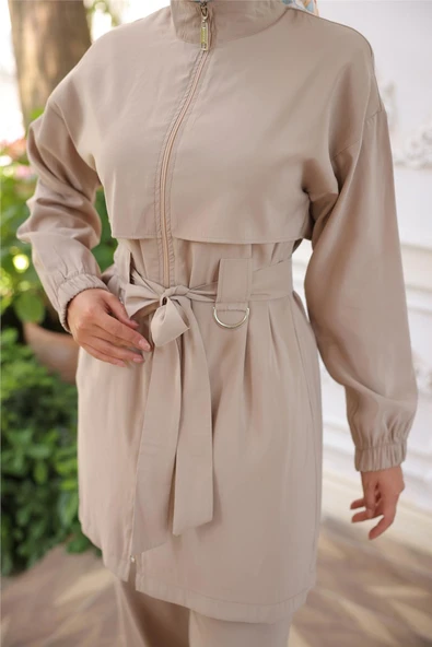 Balıkçı Yaka Belden Bağcıklı Fermuarlı İkili Tesettür Eşofman Takımı - (38-46) - 71301 - Bej - Resim 6