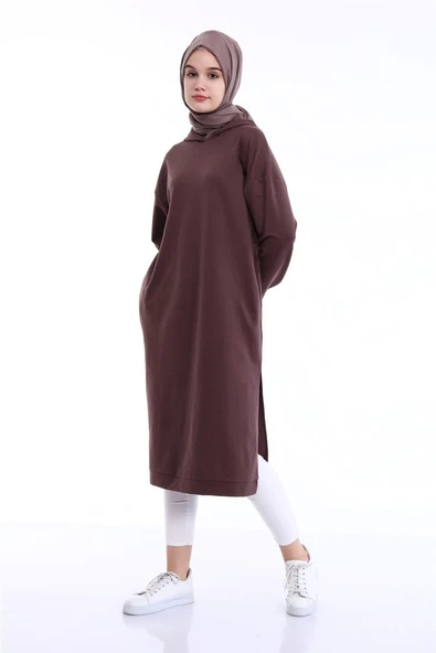 Atlas Kapşonlu Uzun Sade Basic Sweatshirt - 03007-1.028 - Kahverengi - Resim 5
