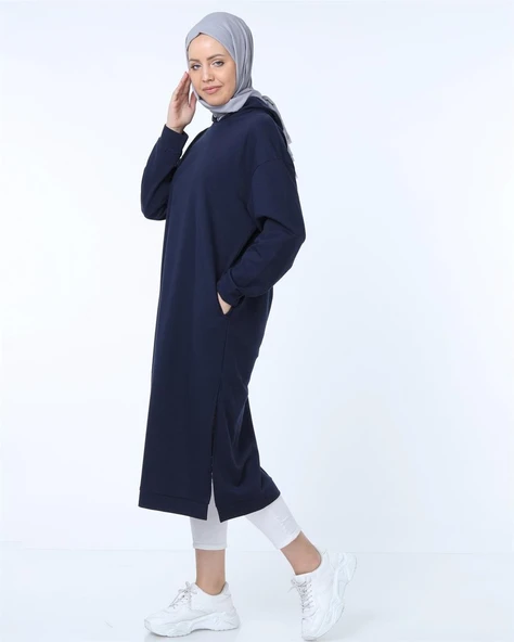 Atlas Kapşonlu Uzun Sade Basic Sweatshirt - 03007-1.015 - Lacivert - Resim 4