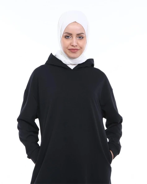 Atlas Kapşonlu Uzun Sade Basic Sweatshirt - 03007-1.003 - Siyah - Resim 5