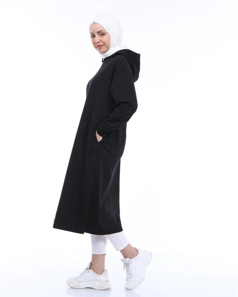 Atlas Kapşonlu Uzun Sade Basic Sweatshirt - 03007-1.003 - Siyah - Resim 3