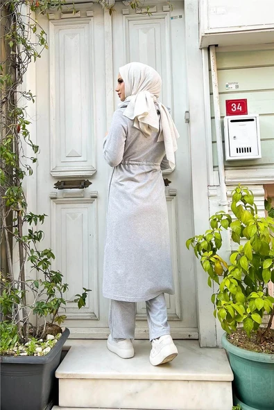 Kapşonlu Fermuarlı Belden Beyaz Bağcıklı Sade Basic İkili Spor Takımı - 03074-1.008 - Gri - Resim 7