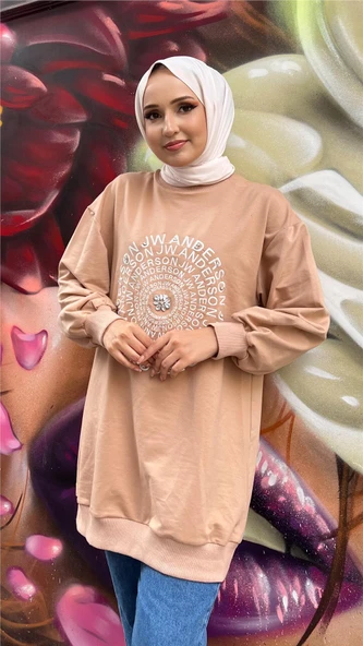 Papatya Taş Detaylı Nakış Baskılı Sweatshirt - (38-46) - 71143 - Bej - Resim 7