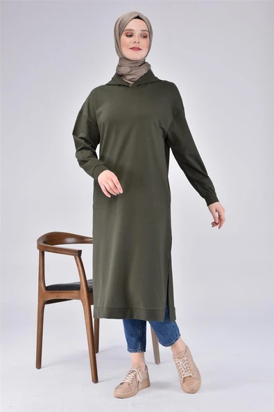 Atlas Kapşonlu Uzun Sade Basic Sweatshirt - 03007-1.005 - Haki - Resim 5