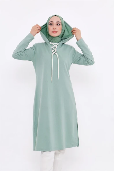 Eflin Yakadan Bağlamalı Kapşonlu Uzun Sweatshirt - 03030-1.100 - Çağla Yeşili - 3