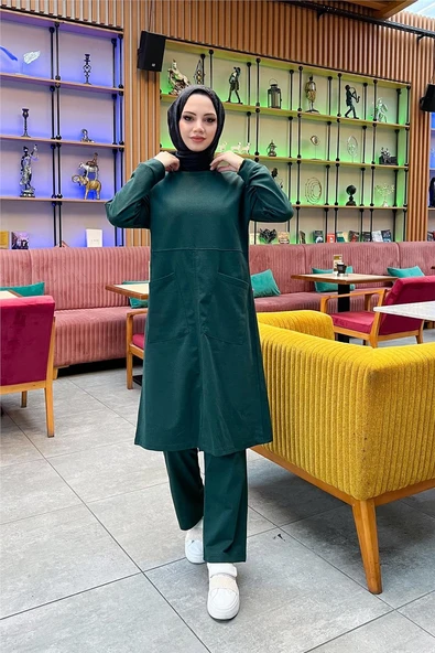 Önden İki Cepli Sade Basic Uzun Tunik Pantolon İkili Spor Takımı - 03067-1.021 - Nefti - Resim 2