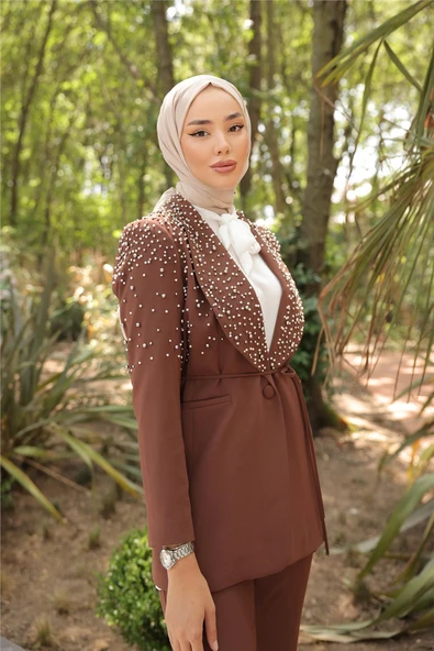 Belden Bağlamalı İncili Ceket Takımı - (38-46) - 71193 - Kahverengi - Resim 5