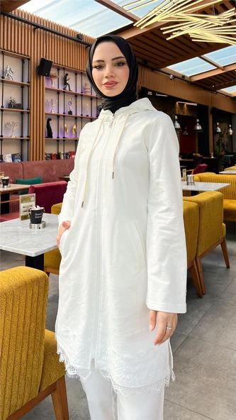 Fermuarlı Kapşonlu Dantel Desenli Tunik Pantolon İkili Spor Takım - (38-46) - 71158 - Krem - Resim 7