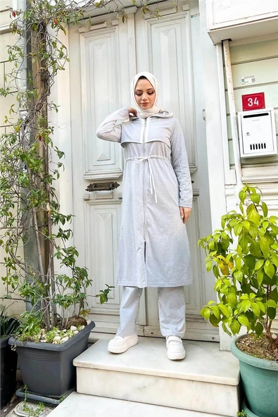 Kapşonlu Fermuarlı Belden Beyaz Bağcıklı Sade Basic İkili Spor Takımı - 03074-1.008 - Gri - Resim 3