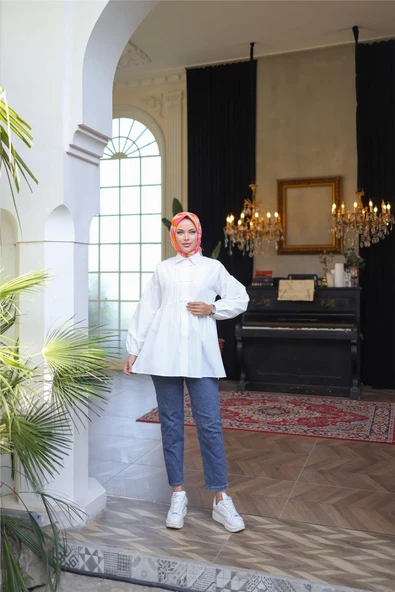 Kolları Lastikli Belden Büzgülü Bağcık Düğmeli Gömlek - (38-46) - 71302 - Ekru - Resim 3