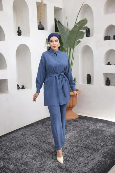 Gömlek Yaka Kuşak Detaylı İkili Takım - (38-46) - 71199 - Lacivert ürün görseli
