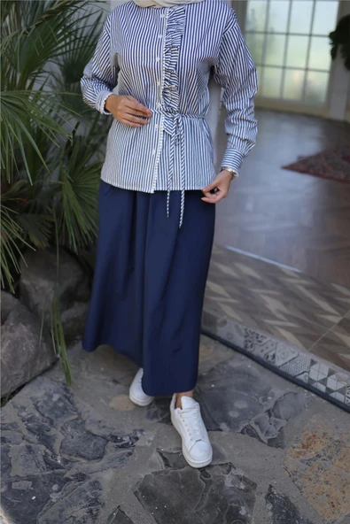 Belden Bağcıklı Fırfır Detalı Gömlek - Etek Takımı - (38-46) - 71303 - Lacivert - Resim 6