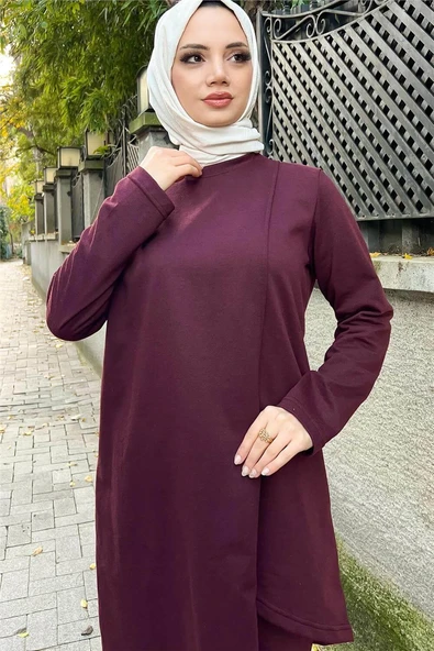 Kruvaze Bisiklet Yaka Sade Basic Tunik Panolon İkili Takım - 03076-1.020 - Mürdüm - Resim 4