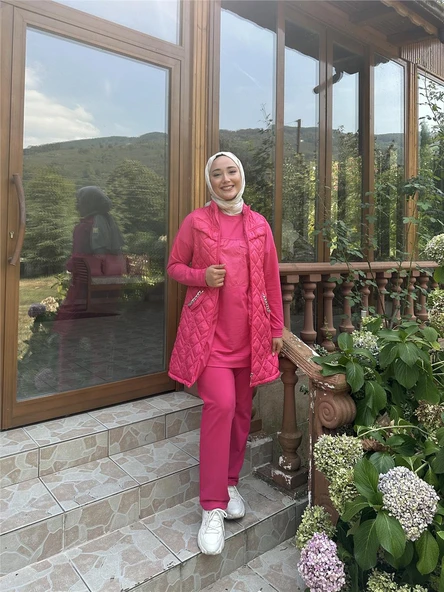 Dafne Cepli Eşofman Kolsuz Yelek Beli Lastikli Pantolon Üçlü Takım - (38-46) - 71149 - Fuşya - 1